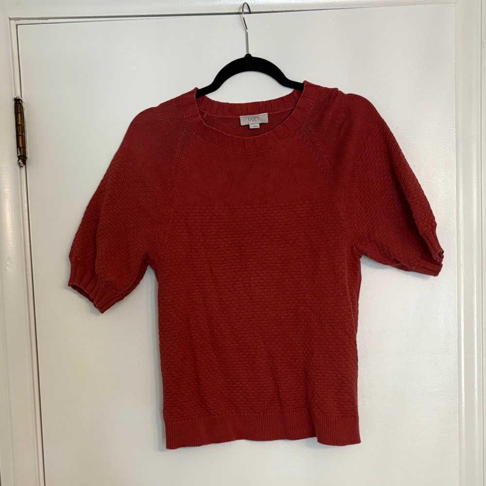 LOFT Red Textured Puff Sleeve Blouse